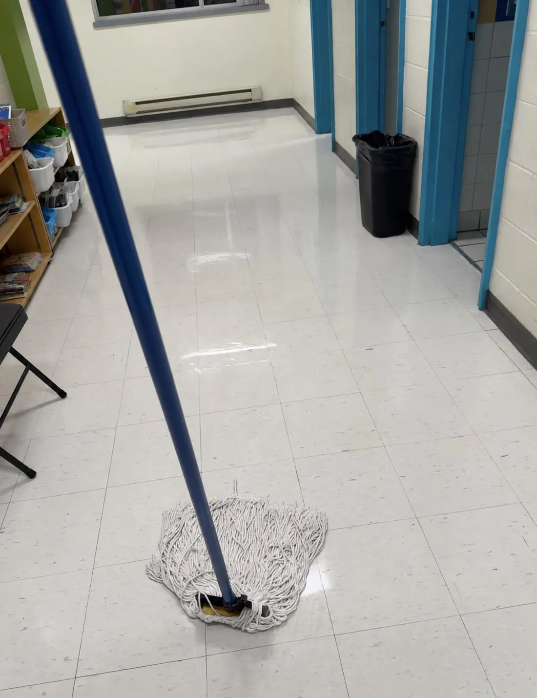 A freshly mopped school floor